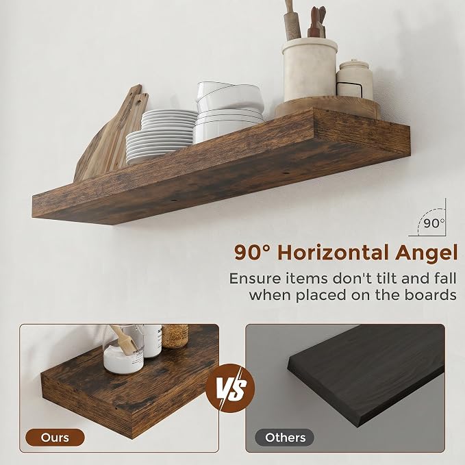 Heimlove 40 Inch Floating Shelves for Wall 8 Inch Deep Rustic Brown Shelves Set of 2,Wall Mounted Rustic Wood Long Floating Shelf with Invisible Brackets for Bedroom Kitchen Living Room