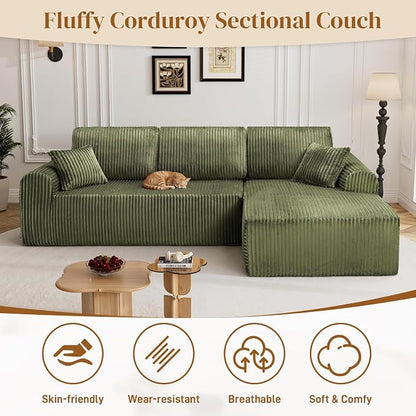 110" L Shaped Boneless Sectional Couches for Living Room, Comfy Corduroy Floor Cloud Sofa with Chaise, Wide Armrest, Deep Seat, Memory Foam, Assembly Free, Ideal for Small Spaces, Green