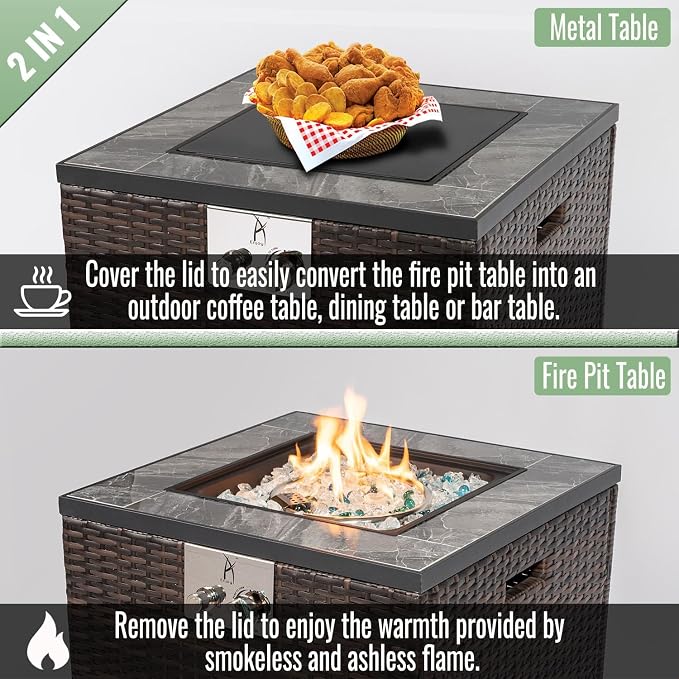 24" Square Propane Gas Fire Pit Table, 50,000 BTU Outdoor Patio Heater with Tile Top, Wicker Base, Blue Glass Beads & Wind-Resistant Glass Guard, Espresso