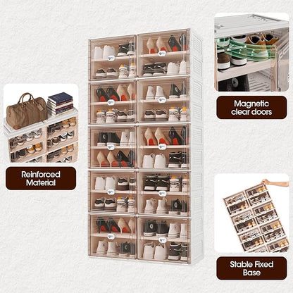 24 Pairs Shoes Storage Cabinet of 3-Step Fast Installation,Plastic Shoe Box with Clear Magnetic Door for Display, Shoe Organizer for Sneaker, Sandals, Heels (2 Row, 6 Tier)