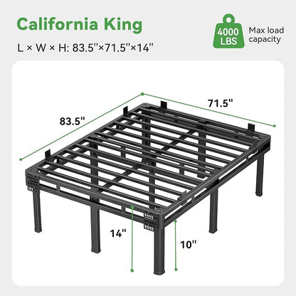 Superay California King Bed Frame, 14 inch Metal Bed Frame & Box Spring 2 in 1, Double Layer Bed Frame with Rounded Legs, Heavy Duty Platform Support 4000lbs, with Matress Gasket & headboard Adapter