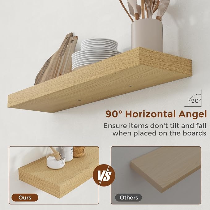 Heimlove 32 Inch Floating Shelves for Wall Oak Shelves Set of 2,Wall Mounted Rustic Wood 8 Inch Deep Floating Shelf with Invisible Brackets for Bedroom Kitchen Living Room
