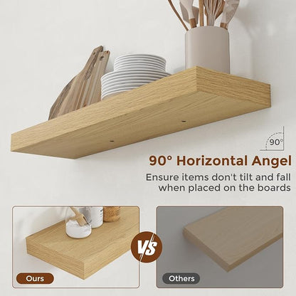 Heimlove 32 Inch Floating Shelves for Wall Oak Shelves Set of 2,Wall Mounted Rustic Wood 8 Inch Deep Floating Shelf with Invisible Brackets for Bedroom Kitchen Living Room