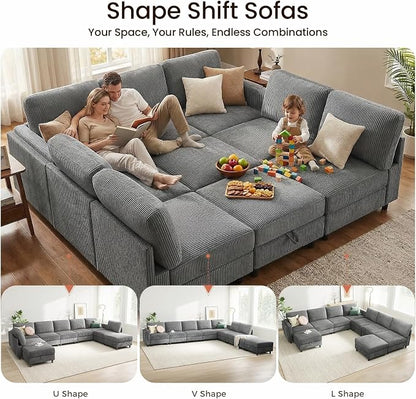 KKL Modular Sectional Sofa Bed - Sofabed with Storage Ottoman, Convertible L/U-Shaped Sleeper Couch for Living Room, Modern Reversible Design, Grey