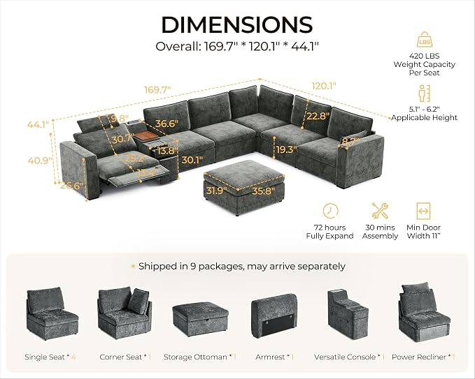 169.7" Oversized Modular Power Recliner Sofa with Headrest, Wall Hugger Cloud Reclining Couch, Drawer Charging Cup Holders, Deep 7-Seater Sectional with Corner and Storage Ottoman, Chenille, Grey