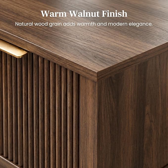 Dark Walnut 15" Wide Small Nightstand with Drawer, Open Shelf, Fluted | Deep wood tone, ribbed fluted front, 11.8-inch slim depth, concealed storage, styled for bedside, sofa side, or chair side