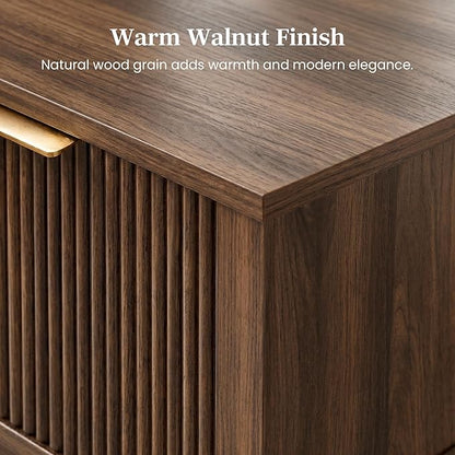 Dark Walnut 15" Wide Small Nightstand with Drawer, Open Shelf, Fluted | Deep wood tone, ribbed fluted front, 11.8-inch slim depth, concealed storage, styled for bedside, sofa side, or chair side
