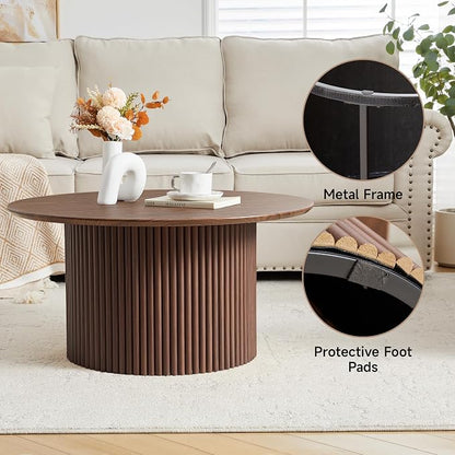 31.5" Round Coffee Table, Modern Fluted Accent Center Table with Metal Frame, Wooden Circle Coffee Tables for Living Room Small Space or Office (Walnut)