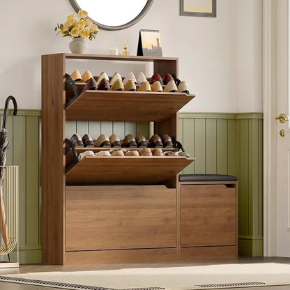 BORNOON Shoe Cabinet with Bench and 3 Flip Drawers, Slim Narrow Shoe Storage Cabinet, Freestanding Shoe Rack Organizer with Adjustable & Removable Shelves, Anti-Tip for Entryway, Hallway, Foyer