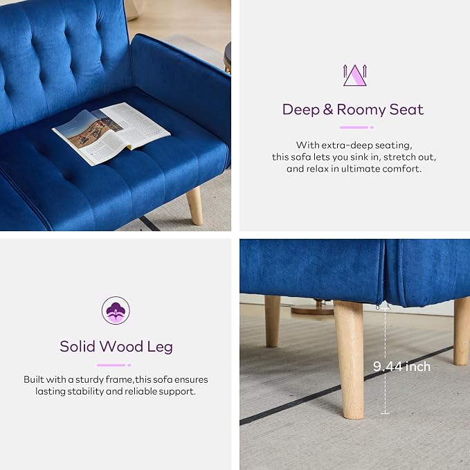 TYBOATLE 62.99" W Velvet Modern Convertible Folding Futon Couch Sofa Bed w/ 2 USB Charging Ports for Compact Living Space, Small Couches for Office, Dorm, RV Room, Apartment, Bedroom (Navy Blue)