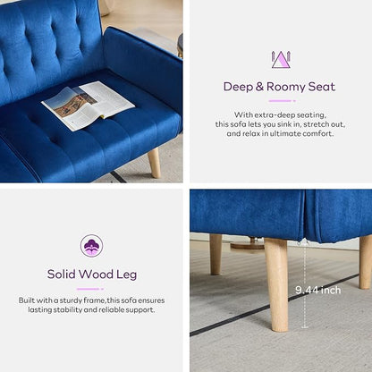 TYBOATLE 62.99" W Velvet Modern Convertible Folding Futon Couch Sofa Bed w/ 2 USB Charging Ports for Compact Living Space, Small Couches for Office, Dorm, RV Room, Apartment, Bedroom (Navy Blue)