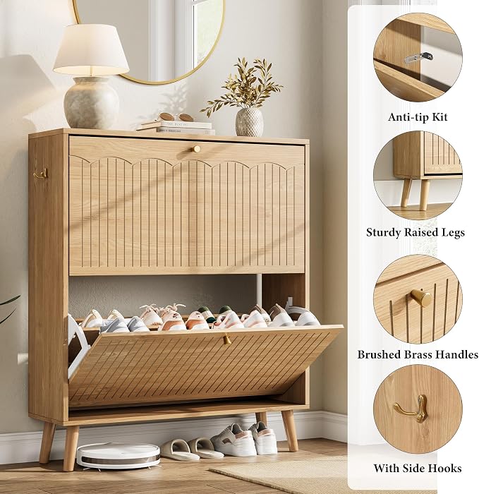 Nicetree Shoe Cabinet Storage for Entryway, 2-Flip Drawer Narrow Shoe Rack with 3-Level Adjustable Shelves, Slim Wood Storage Cabinets for Small Spaces Luminous Natural Oak