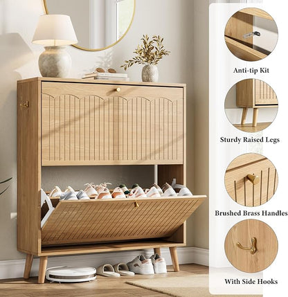 Nicetree Shoe Cabinet Storage for Entryway, 2-Flip Drawer Narrow Shoe Rack with 3-Level Adjustable Shelves, Slim Wood Storage Cabinets for Small Spaces Luminous Natural Oak