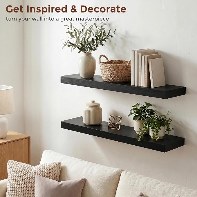 fuqing 24" x 6.7" x 1.4" Black Floating Shelves Set of 2, Rustic Black Wood Shelves for Living Room Bathroom, Hardware Included, 40 Lbs, Invisible Brackets