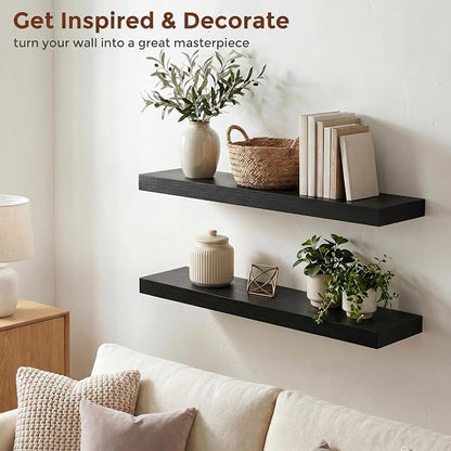 fuqing 24" x 6.7" x 1.4" Black Floating Shelves Set of 2, Rustic Black Wood Shelves for Living Room Bathroom, Hardware Included, 40 Lbs, Invisible Brackets