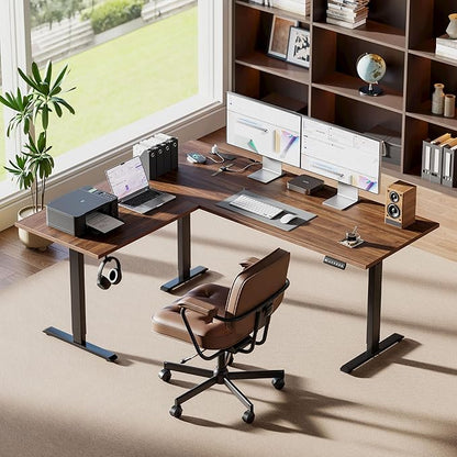 Agilestic Electric L Shaped Standing Desk 63 x 55 Inch with Power Outlet, Height Adjustable Corner Stand up Desk with Cable Management,Sit Stand Home Office Workstation with Splice Board, Dark Walnut