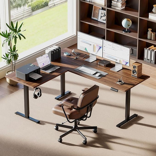 Agilestic Electric L Shaped Standing Desk 63 x 55 Inch with Power Outlet, Height Adjustable Corner Stand up Desk with Cable Management,Sit Stand Home Office Workstation with Splice Board, Dark Walnut