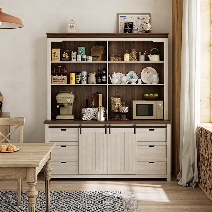 Bobve 78 * 67" Large Farmhouse Pantry Cabinet with Countertop, Buffet Cabinet,Tall Kitchen Hutch with Partitions and 6 Drawers,Suitable for Kitchen,Dining Rooms,Easy to Assemble