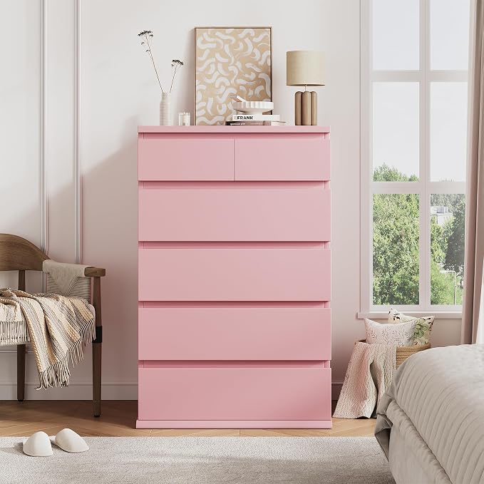 Jocoevol Pink Tall 6 Drawer Dresser for Bedroom,Dressers & Chests of Drawers with Jewelry Storage,Wood Storage Dresser with Deep Drawers for Living Room Hallway Entryway(40.75" L*23.62" W*15.75")