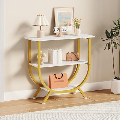 Trironsun 3 Tier Console Table with Storage 30" Height Entryway Table with Open Shelves Industrial Sofa Table Behind Couch for Living Room Hallway Entrance (Gold White)