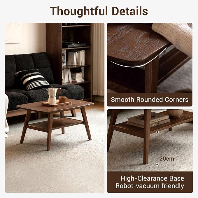 100% Solid Wood Coffee Table for Living Room, 31.5" Small Tables with Shelf Storage, Mid Century Modern Storage Coffee Table with Rounded Corners (Oak Wood Walnut Color)