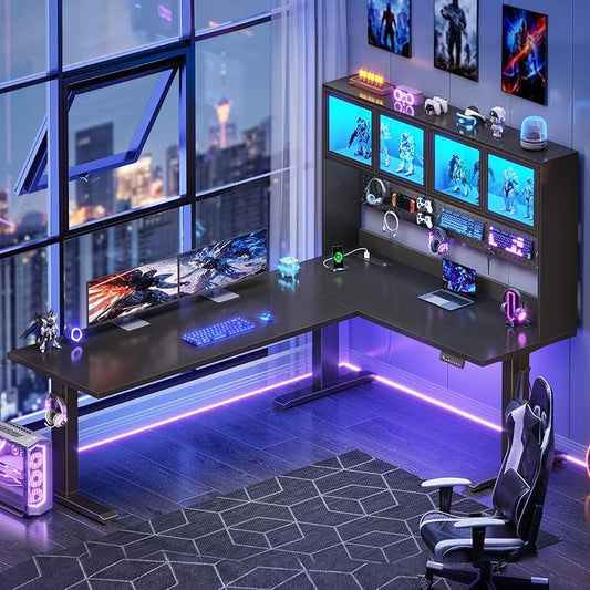 SEDETA 67" Standing L Shaped Gaming Desk, Office Computer Desk with Storage Hutch, Stand Up Corner Desk with Pegboard & Led Lights for Home Office, Black