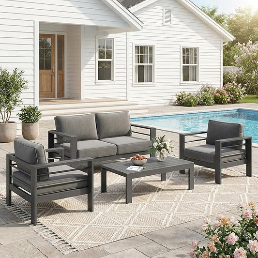 Solaste Aluminum Patio Furniture Set for All Weather, Oversized Metal Outdoor Furniture Set with 27.5" Deep Seating and 3.2" Wide Armrest, Outdoor Patio Conversation Sets with 10" Back Suport Cushion