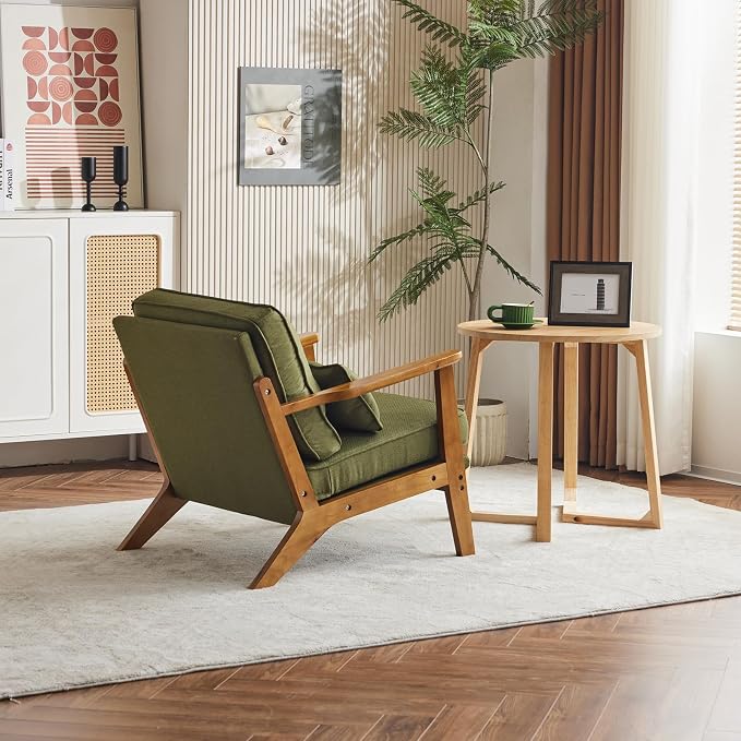 Karl home Mid-Century Lounge Accent Chair, Green | Wide Curved Armrest, Linen Fabric, Lumbar Pillow Included, Solid Wood Frame, For Living Room, Bedroom, Balcony, Apartment
