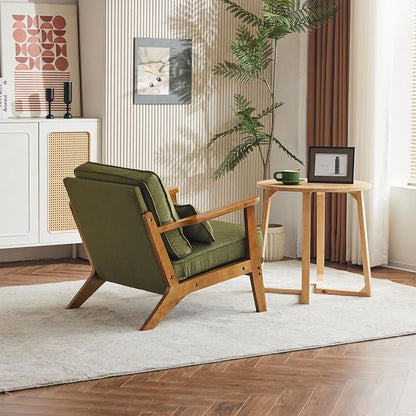 Karl home Mid-Century Lounge Accent Chair, Green | Wide Curved Armrest, Linen Fabric, Lumbar Pillow Included, Solid Wood Frame, For Living Room, Bedroom, Balcony, Apartment