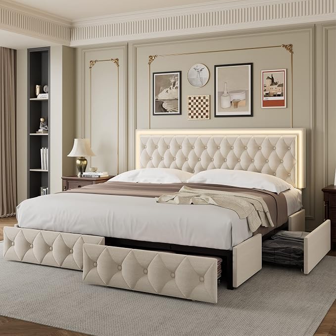 Keyluv Full Size LED Bed Frame with 4 Storage Drawers and Adjustable Headboard, Velvet Upholstered Button Tufted Modern Platform Bed, Solid Wooden Slats Support, Easy Assembly, Beige