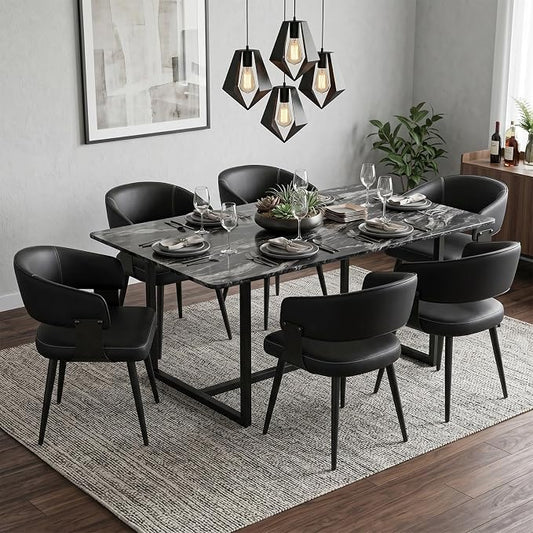 Dining Chairs Set of 6, Modern Upholstered Faux Leather Kitchen Chairs with Curved Back, Easy to Assemble & Clean for Dining Room, Restaurant, Cafe, Black
