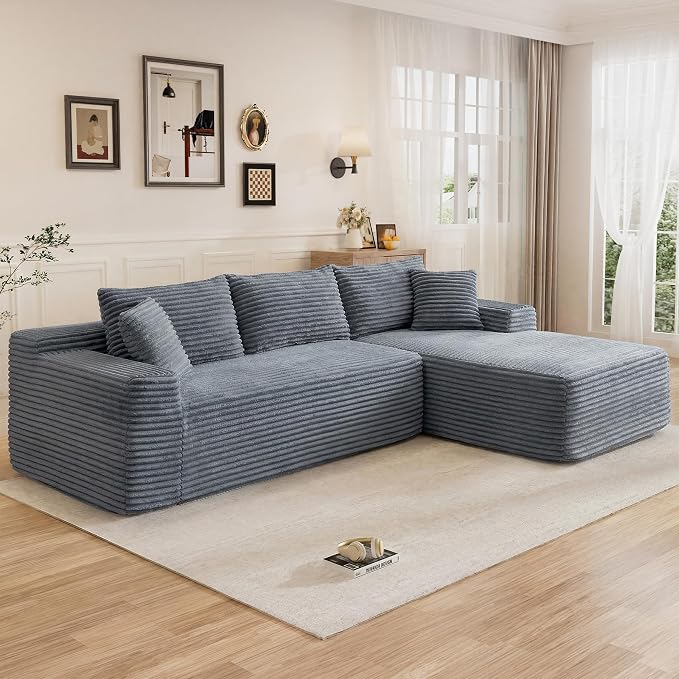 95" L Shaped Cloud Boneless Sectional Couches for Living Room, Modern Comfy Modular Deep Seat Memory Foam Compressed Corduroy Sofa Oversized Right Facing Chaise, No Assembly Required, Grey