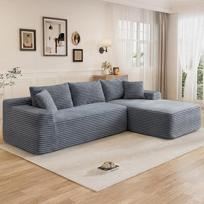 95" L Shaped Cloud Boneless Sectional Couches for Living Room, Modern Comfy Modular Deep Seat Memory Foam Compressed Corduroy Sofa Oversized Right Facing Chaise, No Assembly Required, Grey