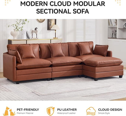 111'' Sectional Cloud Deep Seat Couch, Modern Comfy Leather L Shaped Sectional Sofa for Living Room Set, Upholstered Modular 4-Seats Sofa Couch with 1 Movable Ottoman, Leather Brown