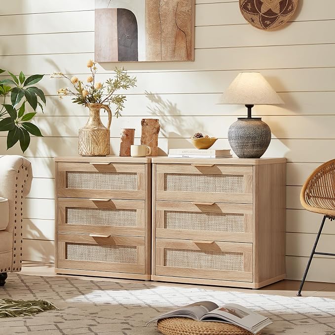LEYAOYAO Rattan Night Stand with Drawers, 23" Large 3 Drawer Boho Nightstand, Natural Wood Bedside Table Storage Cabinet, Bed Side End Tables Dresser for Bedroom, Living Room, Hallway, Closet