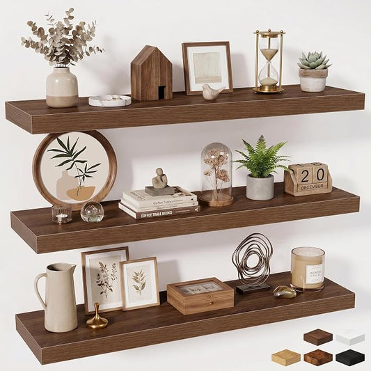 Fun Memories Floating Shelves Set of 3, 40 Inch Long Wooden Wall Shelves, 10 Inch Deep Wall Mounted Storage Shelf with Metal Brackets for Living Room, Bathroom, Bedroom and Kitchen, Walnut