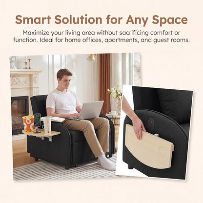 3-in-1 Convertible Sleeper Bed, Pull Out Single Sofa Bed with Adjustable Backrest, Foldable Recliner Sofa with Side Table & USB Port, Sleeper Chair for Living Room, Home Office, Black