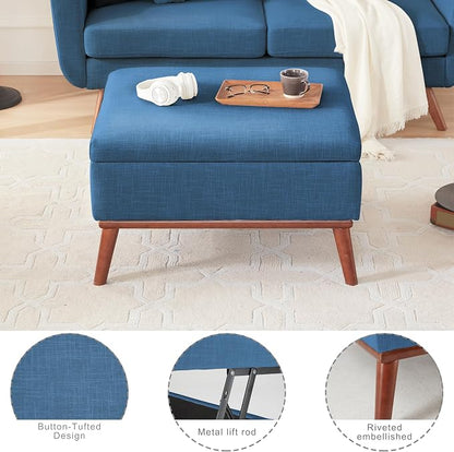 Tbfit 65" W Loveseat Sofa with Ottoman Coffee Table, Mid Century Modern Love Seat Couches for Living Room, Button Tufted Upholstered Small Couch for Bedroom,Easy to Install Love Seats Furniture, Blue | linen fabric