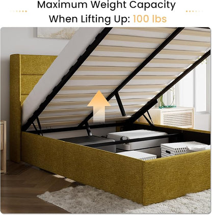 SHA CERLIN Queen Size Lift Up Storage Bed/Modern Wingback Headboard/Upholstered Platform Bed Frame/Hydraulic Storage/No Box Spring Needed/Wood Slats Support/Olive Yellow