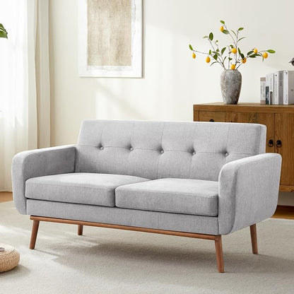 HUIMO Sofa Couch, Mid Century Modern Sofa with Solid Wood Frame, Button Tufted Couch for Bedroom, Living Room, Office, Apartment (Light Grey, 60 inch)