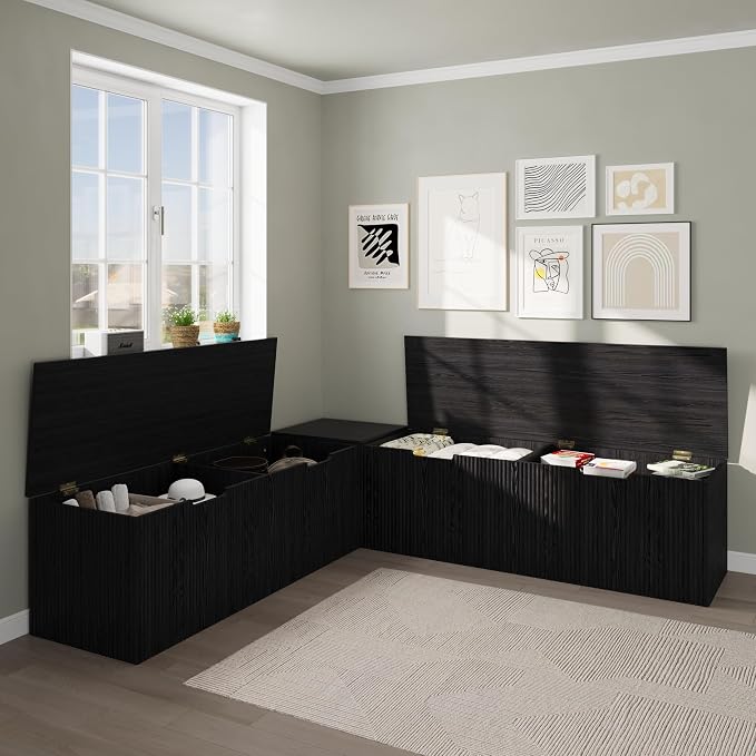 Bobve L-Shape Storage Bench with Cushion, Backless Corner Dining Bench, Kitchen Dining Nook Bench with Hidden Storage for Dining Room, Kitchen, Entryway (Black)