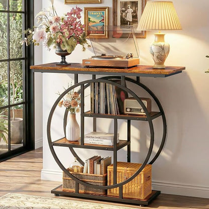 Small Entryway Console Table, 31.5" Narrow Sofa Table Behind Couch with Modern Curved Metal Frame, Skinny Wood Entry Table for Hallway, Entrance, Living Room, Wall, Foyer, Front Door, Rustic Brown