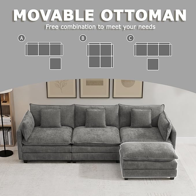 113” Modular Sectional Sofa, L Shaped Cloud Couch with Movable Ottoman, Comfy Chenille Deep Seat Sofa with Throw Pillows, 4 Seat Modern Couches for Living Room Bedroom Apartment, Grey