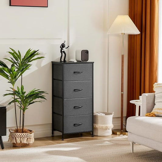 DUMOS Nightstand with 4 Drawers Bedside Table with Removable Fabric Bins Sturdy Steel Frame Wood Top Organizer Furniture for Bedroom Closet Living Room