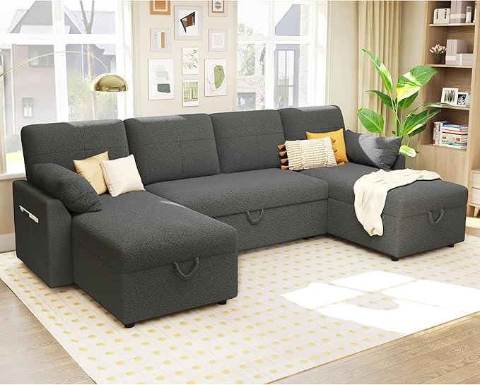 PaPaJet 110 Inch Sleeper Sofa, Oversized Pull Out Couch with Double Storage Chaise，U Shape Couches for Living Room-Dark Gray Boucle