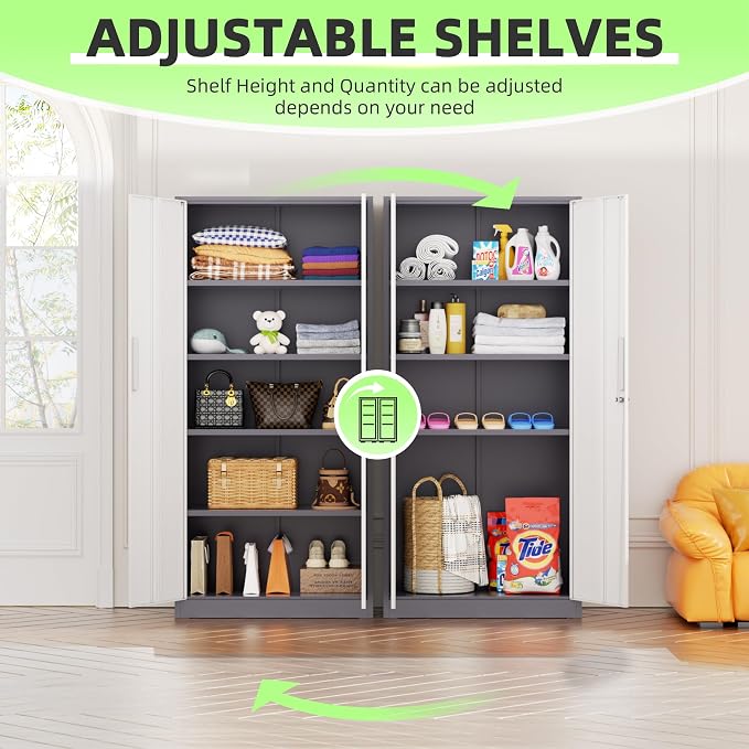 Bonusall 72" Metal Garage Storage Cabinet， Heavy-Duty Steel Cabinet with 2 Locking Doors & 4 Adjustable Shelves for Home, Office, or Workshop Organization(White Grey)