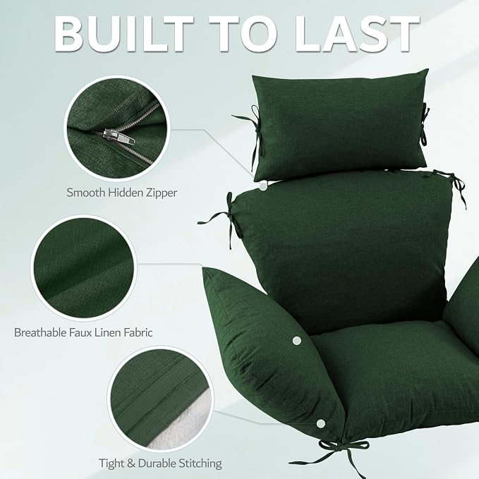 Egg Chair Cushion with 8 Securing Straps, Water-Repellent & Fade-Resistant Faux Linen, Removable Cover, Replacement Cushion for Most Single Outdoor Hanging Swing Egg Chairs – Olive Green