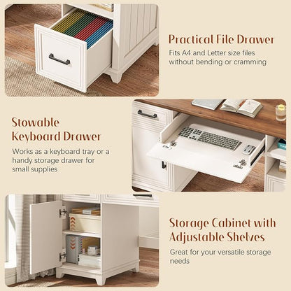 Vabches 55" Farmhouse Executive Desk with 3 Drawers & Storage Cabinet, Wooden Computer Desk, Home Office Desk with File Drawer (Fits A4 Size) for Work and Study, Rustic White and Brown