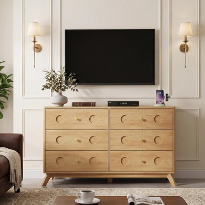 Gyfimoie Dresser for Bedroom with 6 Drawers, 47.2" W Modern Chest of Drawers with Power Outlet, Wooden Dresser TV Stand, Wood Closet Clothes Storage Organizer for Living Room, Hallway, Natural Oak