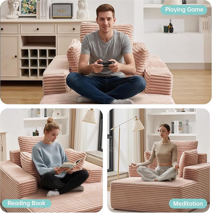 Boneless Chaise Lounge Chair, 54" Oversized Cloud Couch Sofa with Deep Seat, Plush Corduroy Reading Chair for Living Room, Bedroom, Reading Nook, Apartment, Gaming Room & Movie Nights, Pink